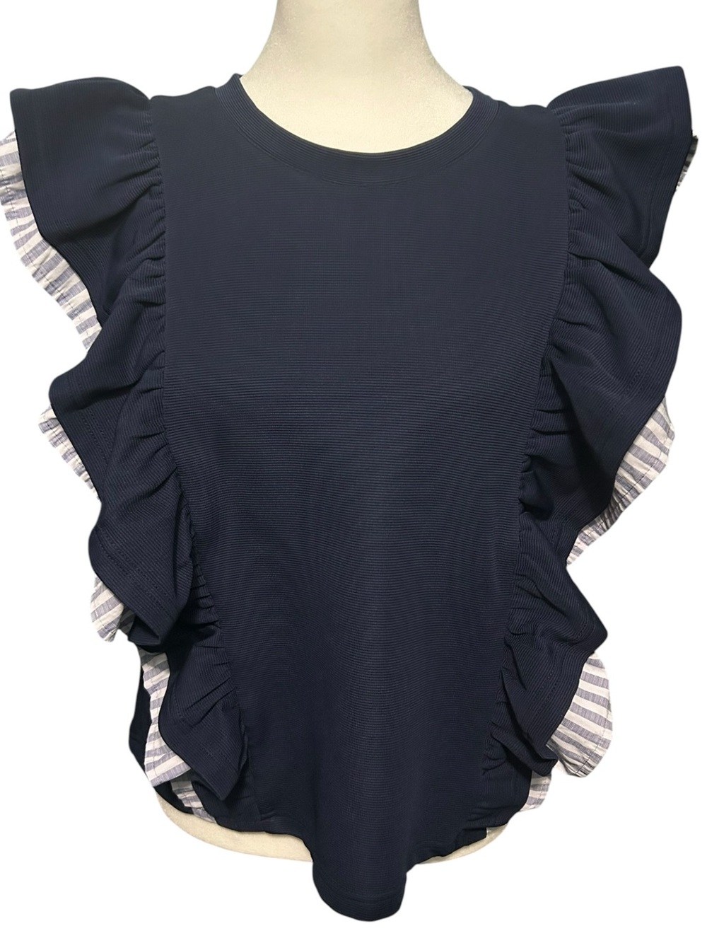 entro Navy Ruffle Sleeve Top with Striped Trim